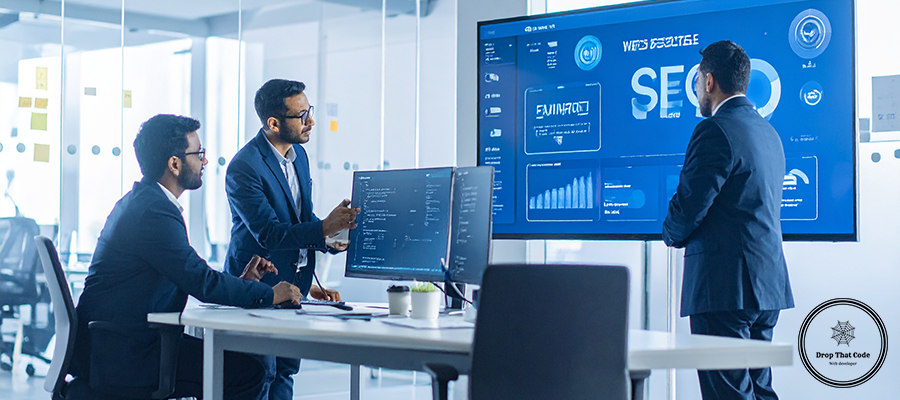 Firefly_Professionals in a sleek office discussing around a large digital screen, which displ 339430 Web Development Company Toronto