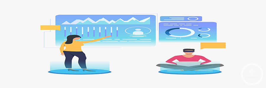 People wearing VR glasses and working in virtual interface People wearing VR glasses and working in virtual interface. Future, VR, cyberspace concept. Vector illustration can be used for topics like business, technology, virtual reality