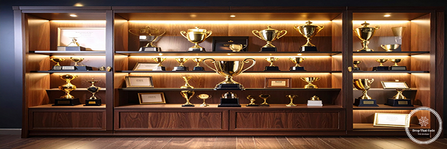 Firefly_Trophy case with awards, certificates, glowing client reviews. 773299