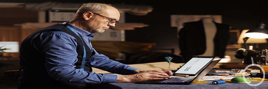 Couturier typing measurements on laptop Elderly experienced couturier typing measurements on laptop in professional atelier shop workspace. Skilled expert fashion designer searching online for sartorial inspiration