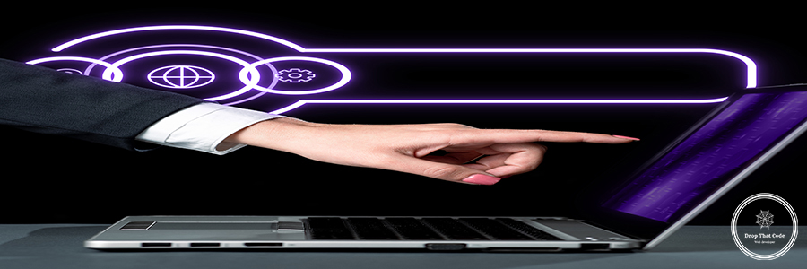 Finger pointing to laptop screen with important technology news. Businesswoman pressing virtual button on display. Futuristic style image with colored glow. Finger pointing to laptop screen with important technology news.
