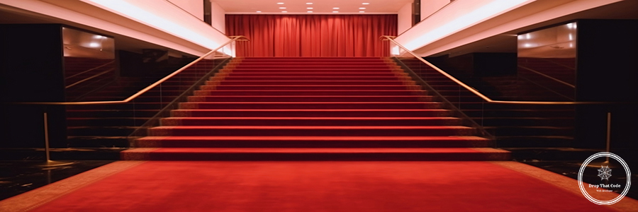 Interior scene of hotel stairs covered with red carpet generativ