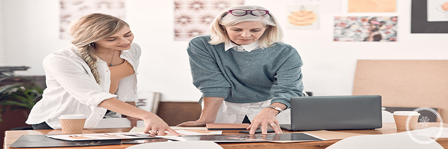 Mentor, fashion designer and planning with business people in of Mentor, fashion designer and planning with business people in office for visual merchandiser, campaign layout and textile. Creative director, teamwork and consulting with employee for boutique.