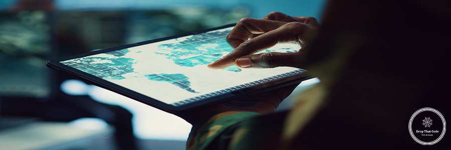 Military IT professional gathers intelligence from world map projection Military IT professional gathers intelligence from world map projection, tablet connected to satellite reconnaissance system to support field troops. Dispatch army command post. Close up. Camera A.