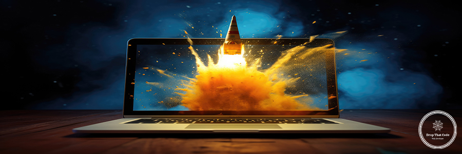 Rocket coming out of laptop screen. generative ai AIG32 Rocket coming out of laptop screen. beautiful Generative AI AIG32
