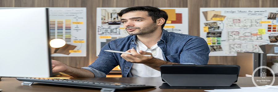 smart adult caucasian designer with beard sitting on working tab smart adult caucasian designer with beard sitting on working table desk video conference with clients, young smart creative designer working at home ,home isolation quarantine concept