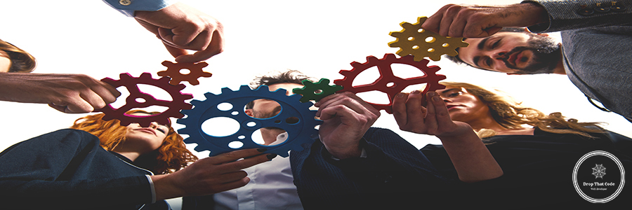 Business team connect pieces of gears. Teamwork, partnership and integration concept Teamwork of businesspeople work together and combine pieces of gears. Partnership and integration concept