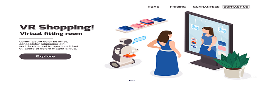 VR Fashion Shopping Website Modern clothing store isometric landing page with clickable links and image of woman in electronic mirror vector illustration