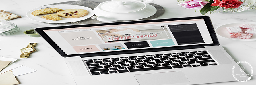 Laptop Online Shopping Teapot Cookies Flower Decor Concept Laptop Online Shopping Teapot Cookies Flower Decor Concept